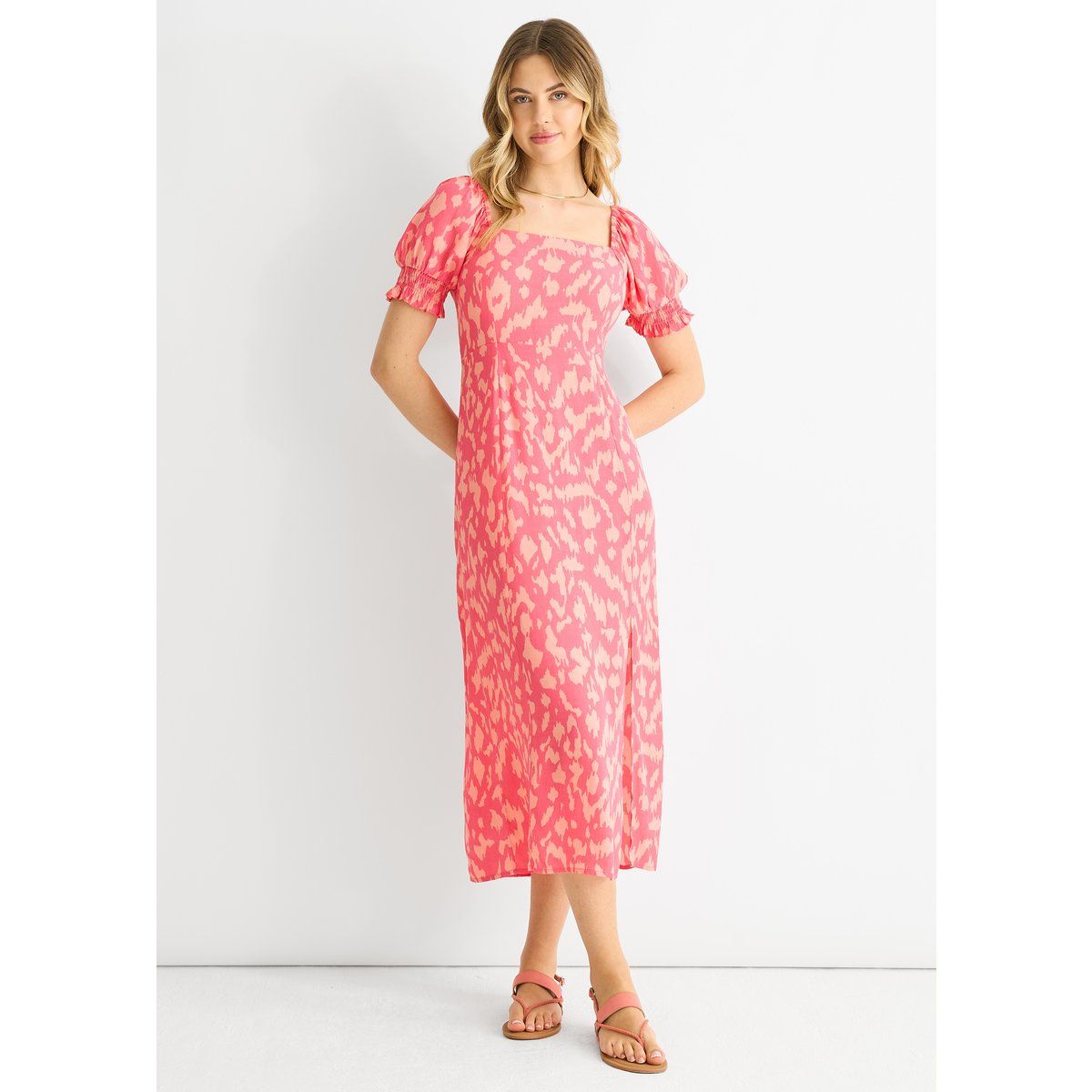 Gemustertes Viskose-Midikleid mit eckigem Ausschnitt