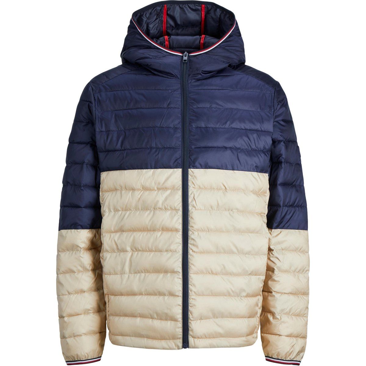 Zweifarbige gesteppte Kapuzen-Pufferjacke
