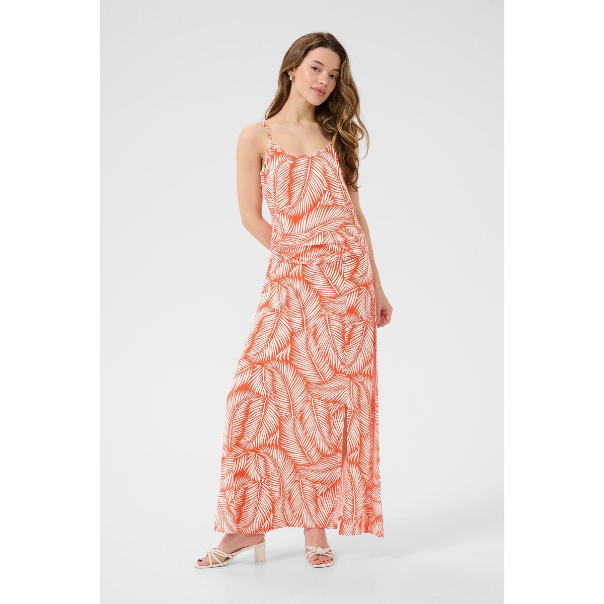 Ärmelloses Maxikleid mit Blattmuster