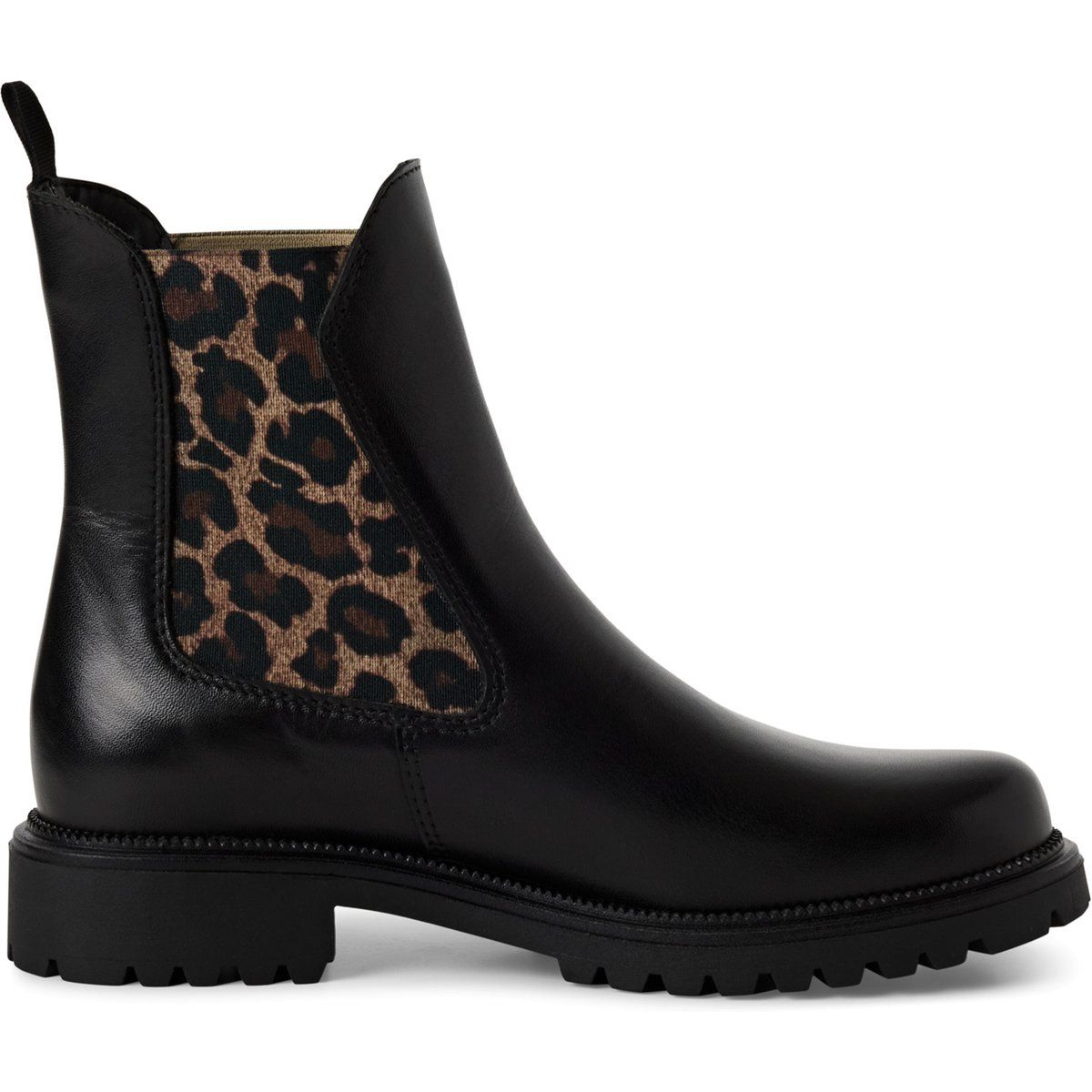Schwarze Chelsea Stiefeletten aus Leder mit Leopardenmuster