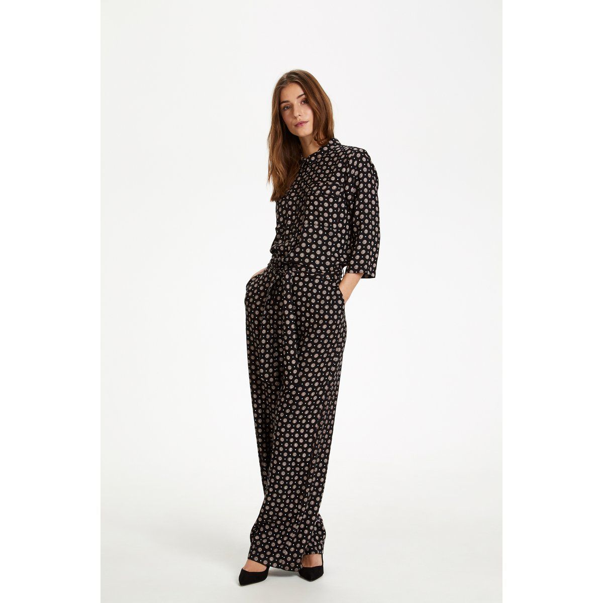 Bedruckter Viskosemischungs-Jumpsuit, weites Bein