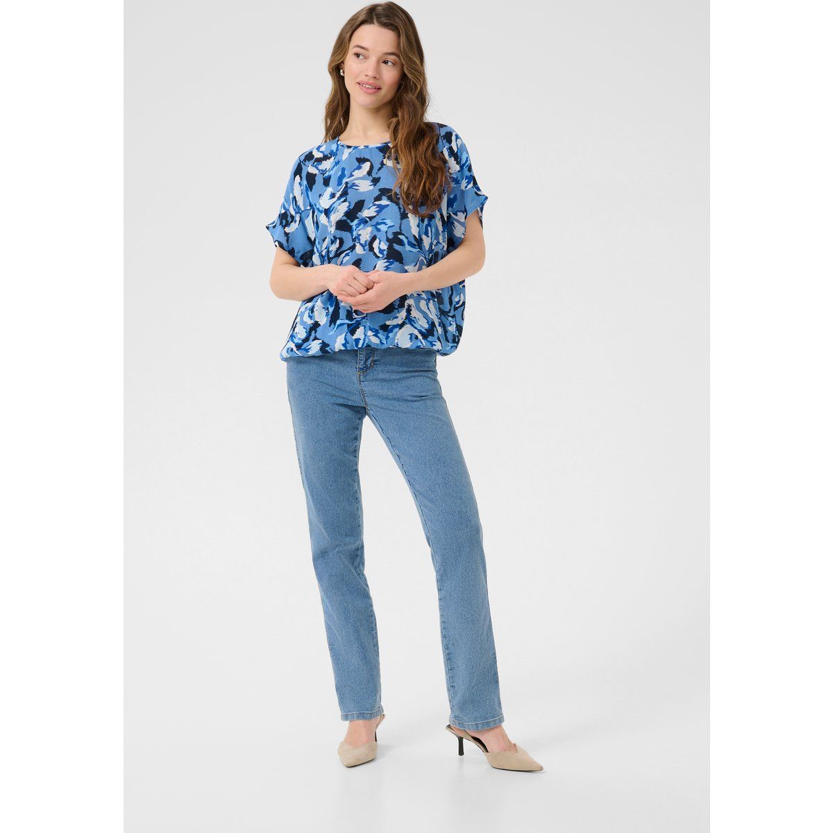 Kurzarm-Bluse Relaxed fit Blue Blurry Leafs blue
