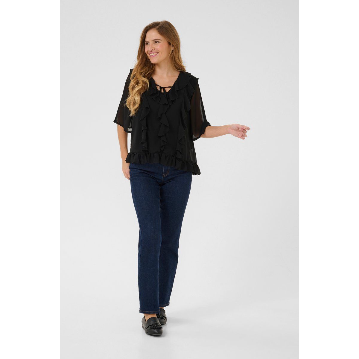 Transparente Rüschenbluse mit Bindeband