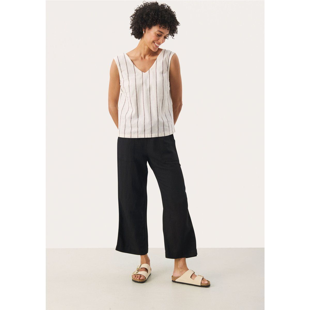 Kurzarm-Bluse Lockere Passform Eggnog and Brown Stripe white