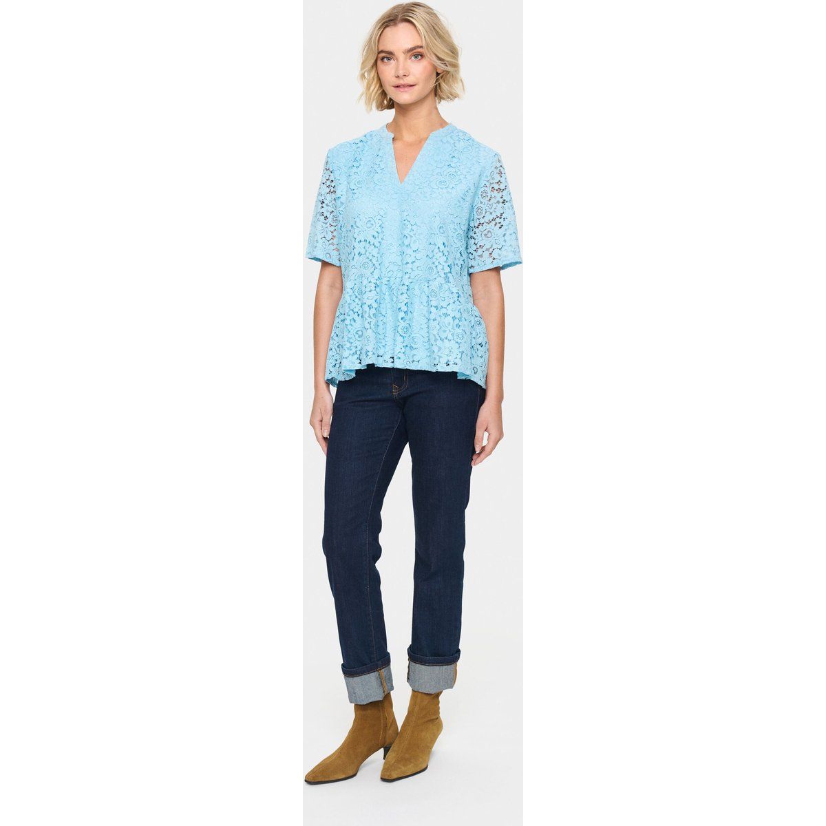 Kurzärmelige Bluse aus Spitze, Hellblau
