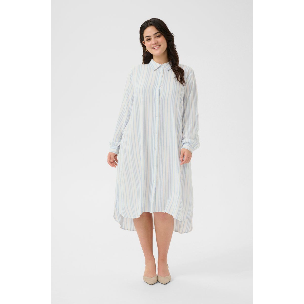 Gestreiftes, locker geschnittenes Midi-Hemdkleid