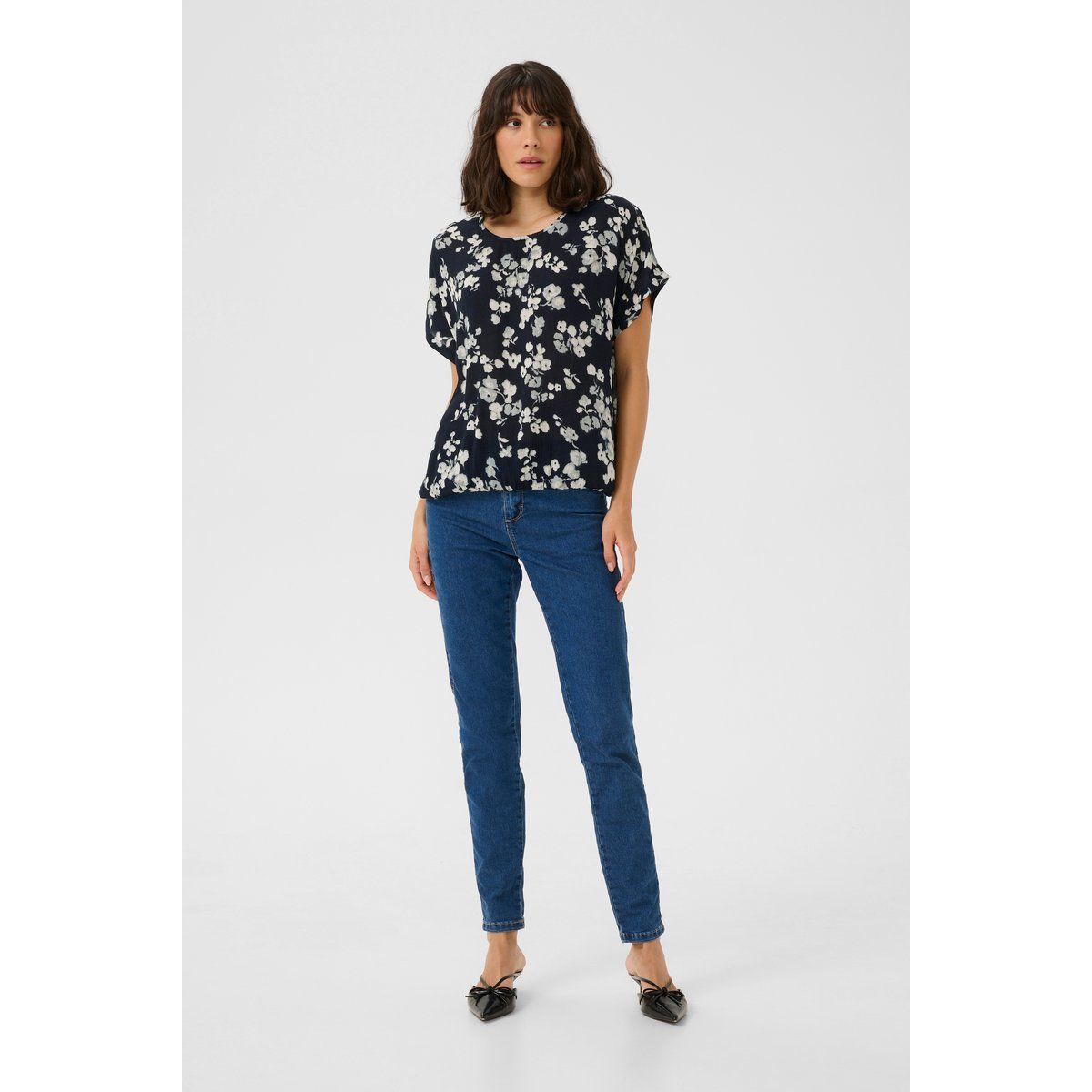 Kurzarm-Bluse Relaxed fit Marine Flower floral