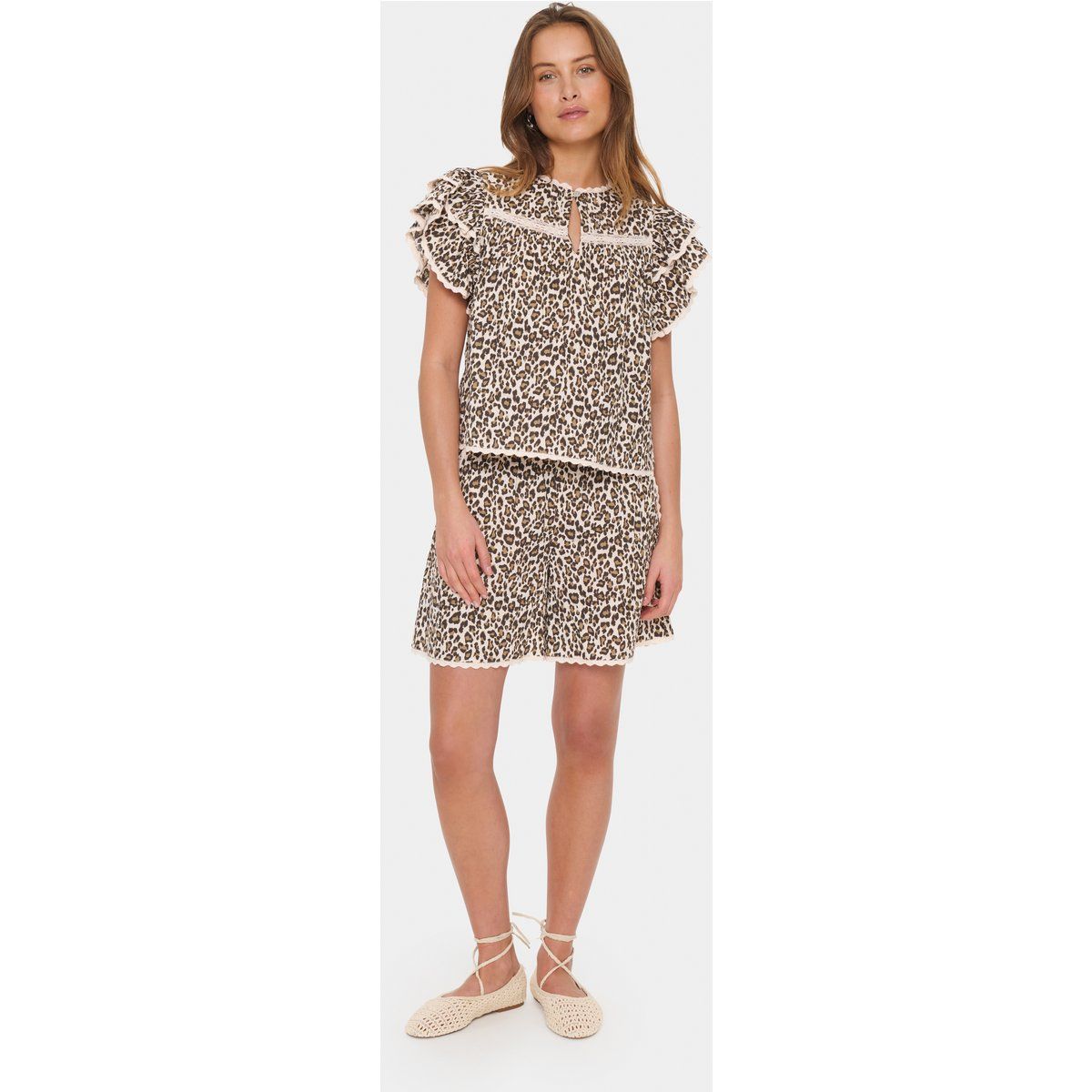 Leopardenmuster Bluse mit Rüschenärmeln