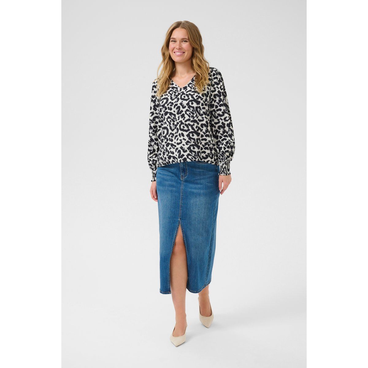 Kurzarm-Bluse Baggy fit White/Black Leopard