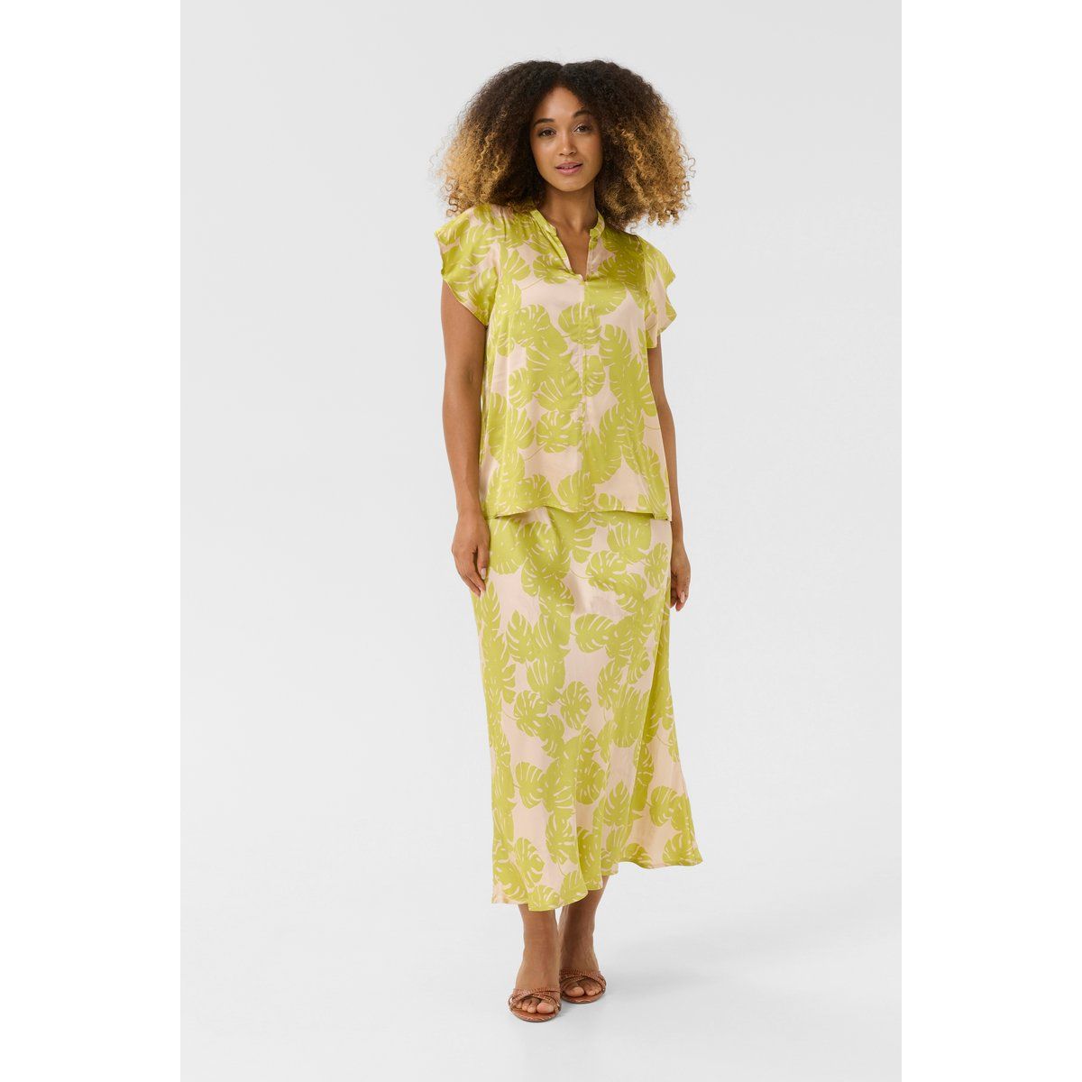Kurzarm-Bluse Relaxed fit Green Palm Leaves lime green