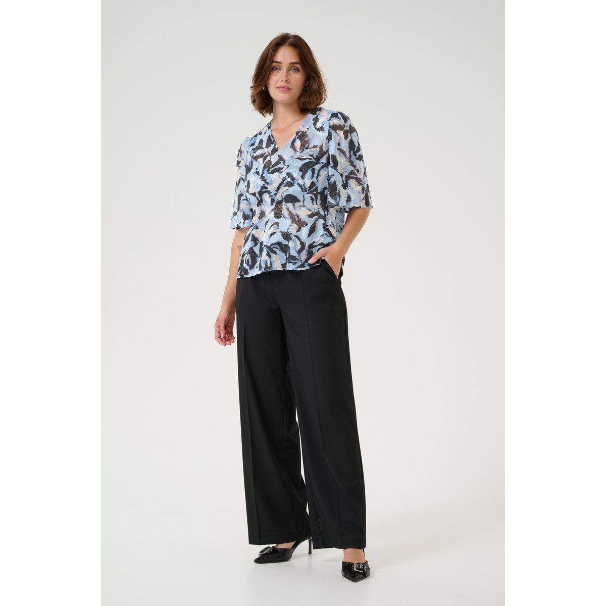 Kurzarm-Bluse A-shape Blue Flower Print floral