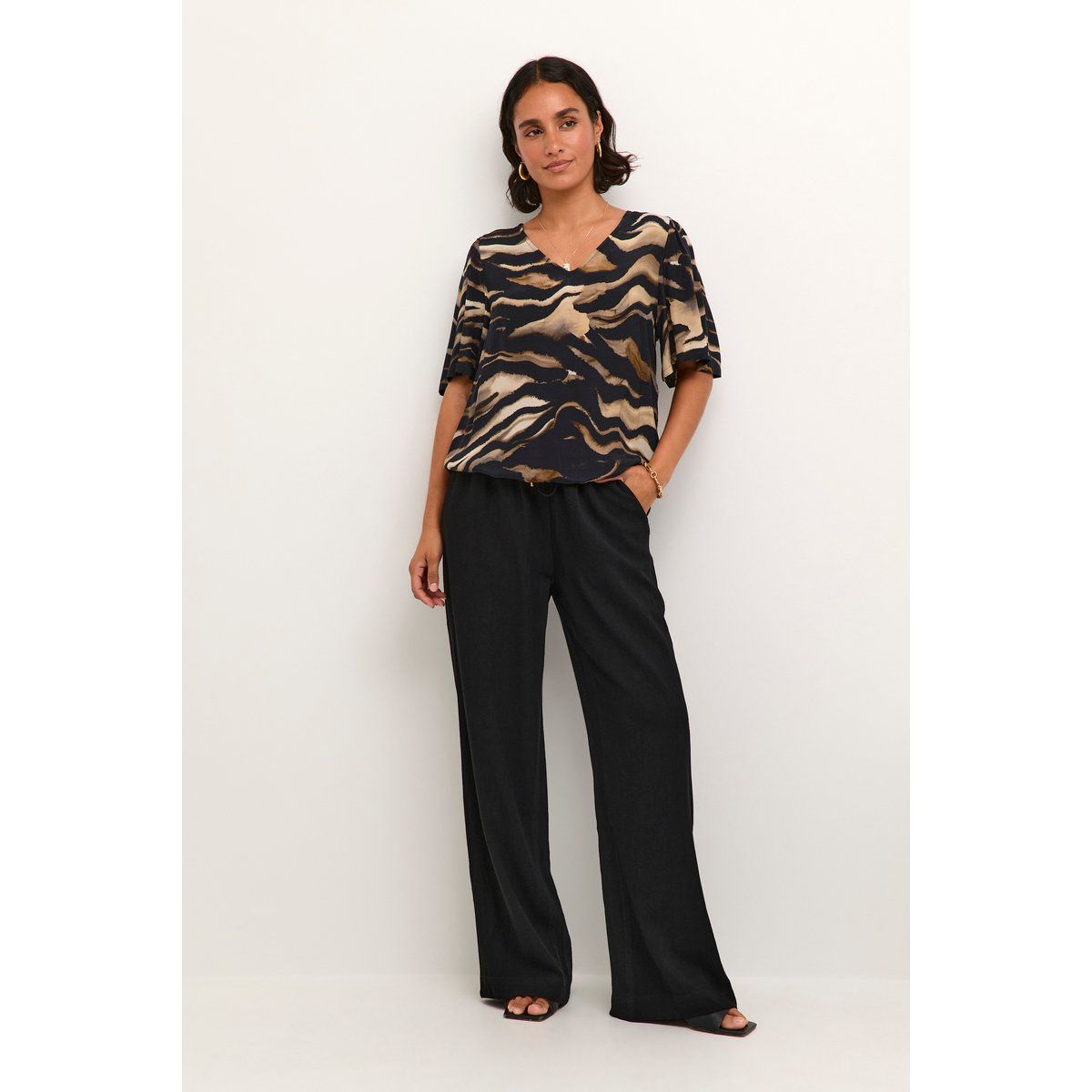 Kurzarm-Bluse Regular fit Black/Brown Tiger Print animal
