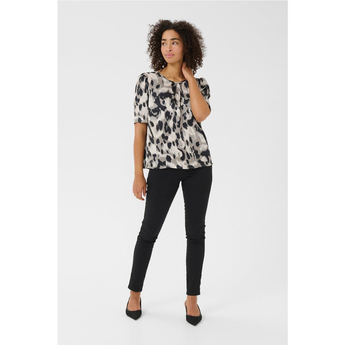 Kurzarm-Bluse Regular fit Grey Leopard Print