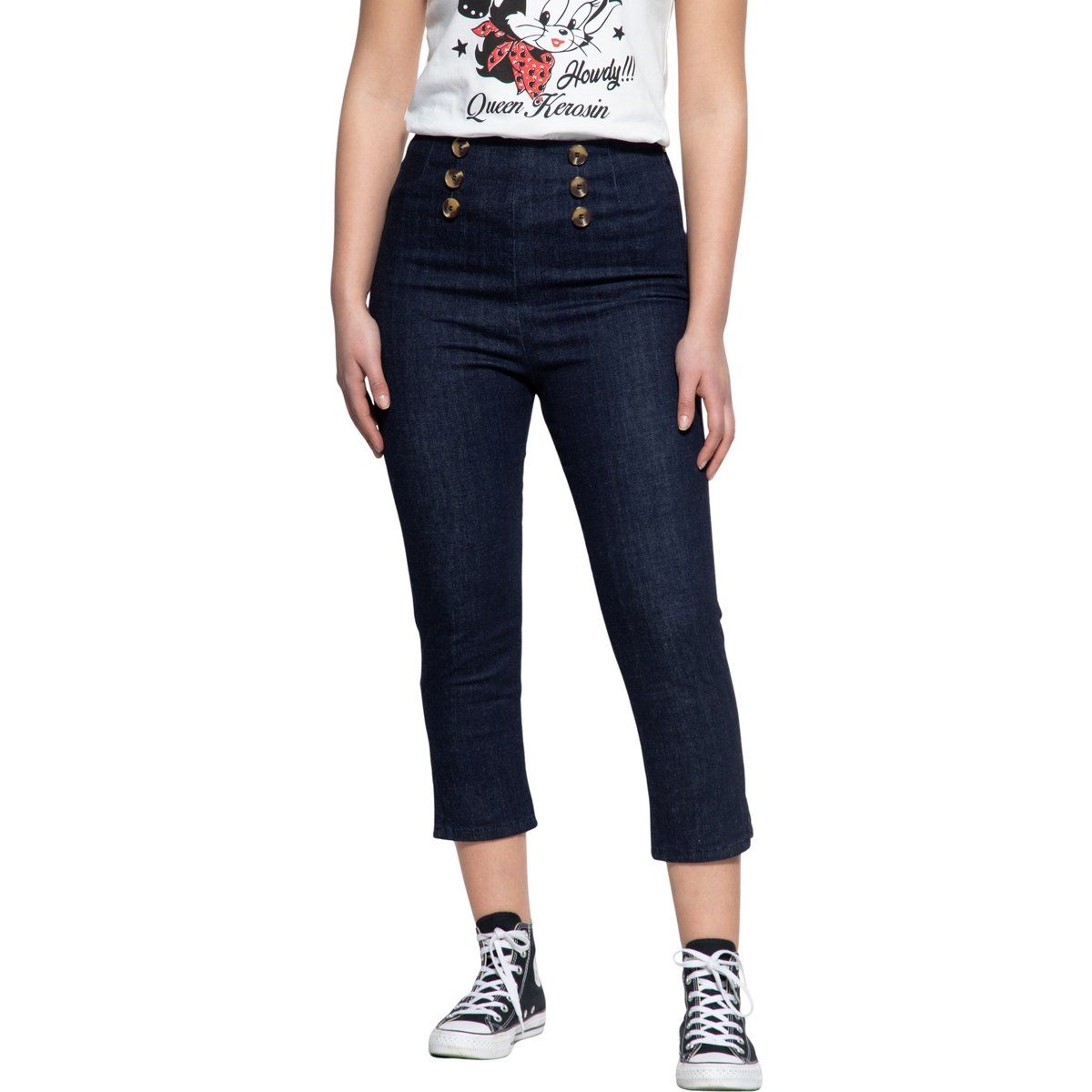 Hoch taillierte, verkürzte Capri Jeans