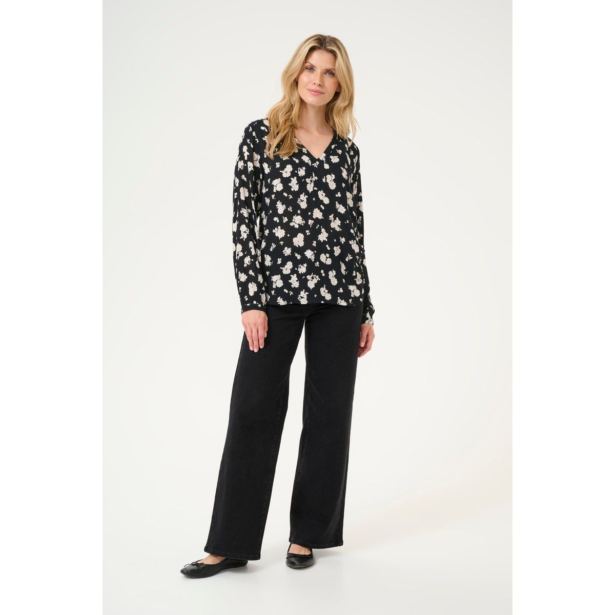 Langarm-Bluse Regular fit Black/White Flower Print floral