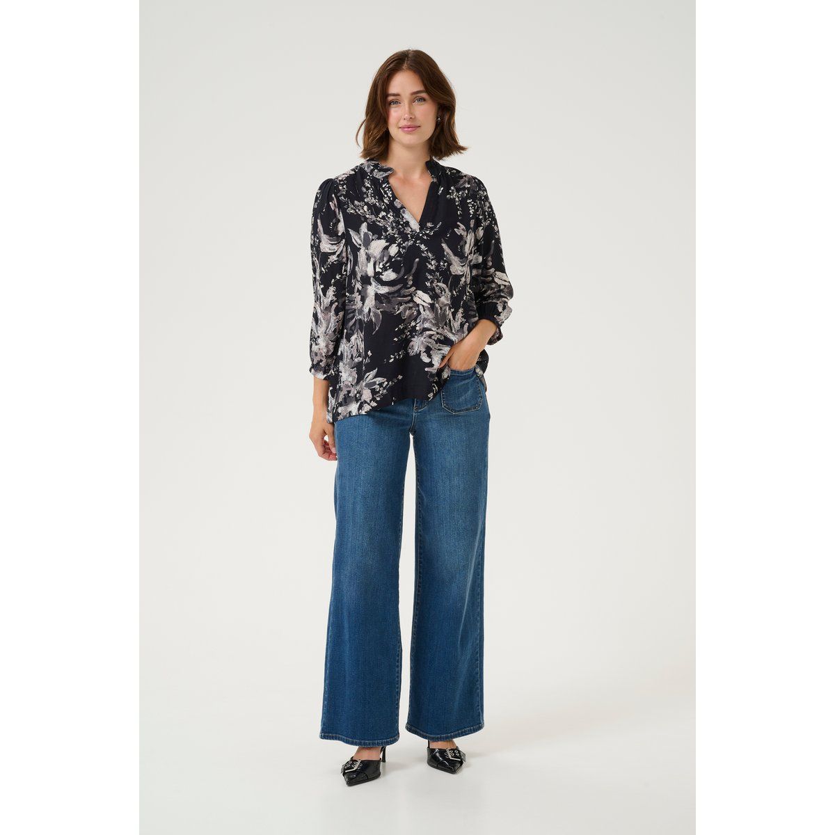 Langarm-Bluse A-shape Black/White Painted Flower floral