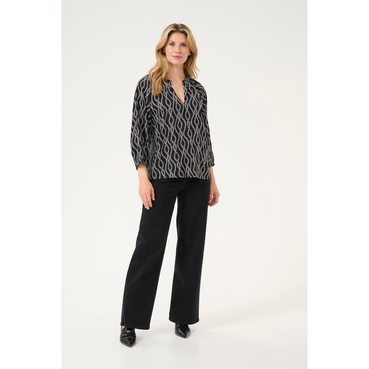 Langarm-Bluse Regular fit Black/Chalk Print black white