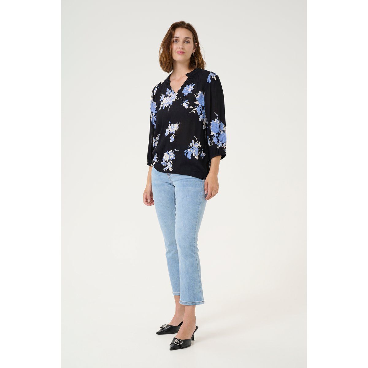 Langarm-Bluse Regular fit Black / Blue Flower Print black blue