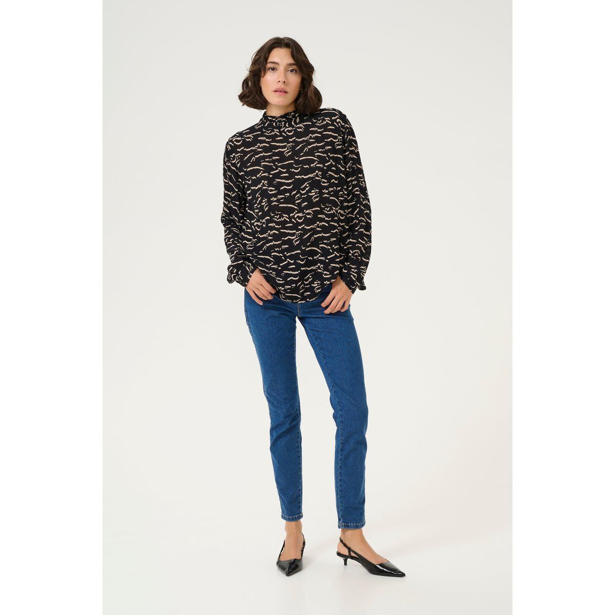 Langarm-Bluse Regular fit Black/Beige Abstract Print black