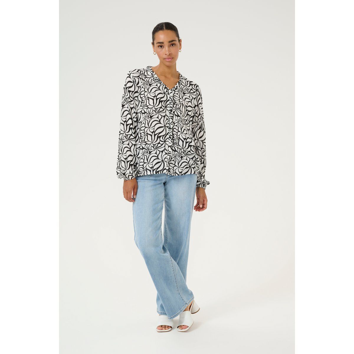 Langarm-Bluse Regular fit Black/White Leaf Print black white