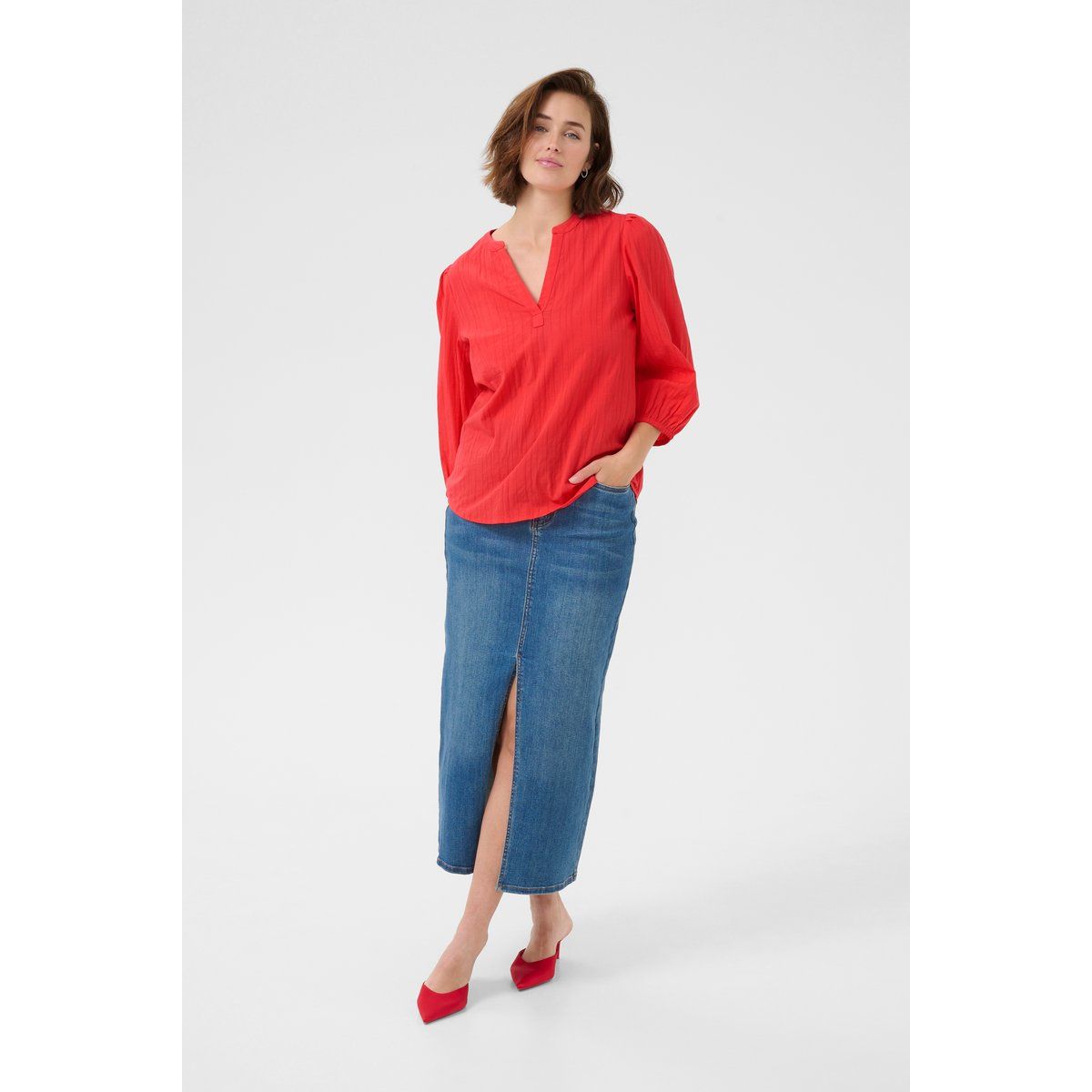 Rote Baumwollbluse mit 3/4-Ärmeln