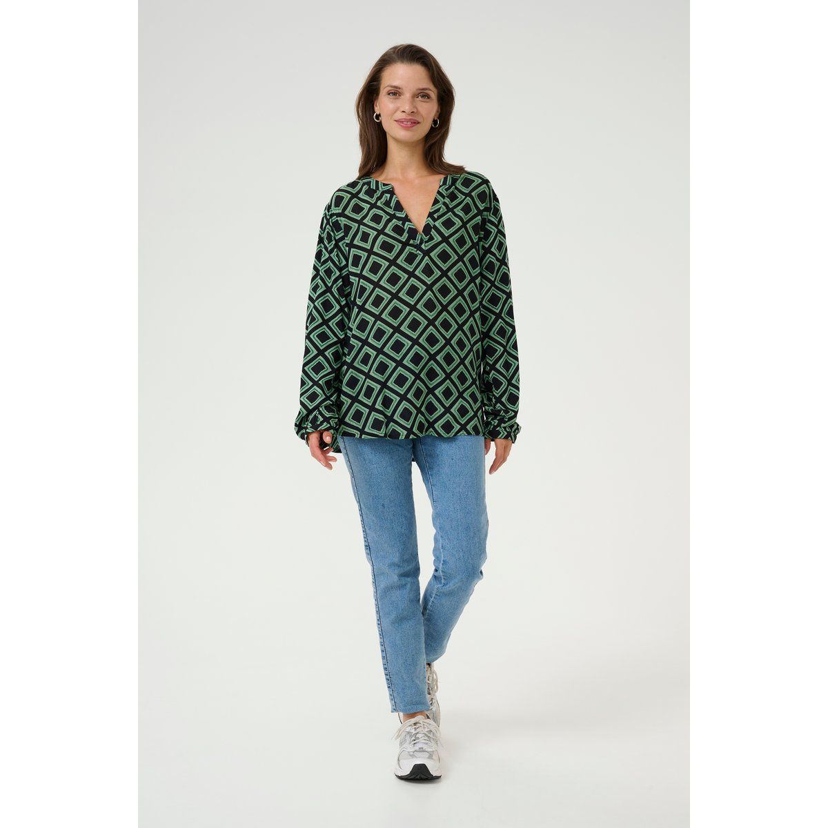 Langarm-Bluse Regular fit Black Deep/Green Geometric black green