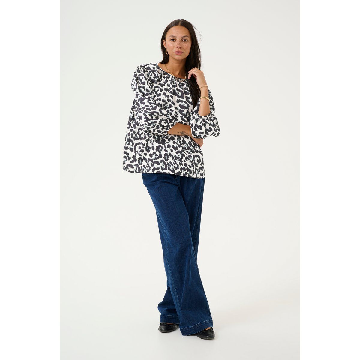 Langarm-Bluse Loose fit White/Black Leopard
