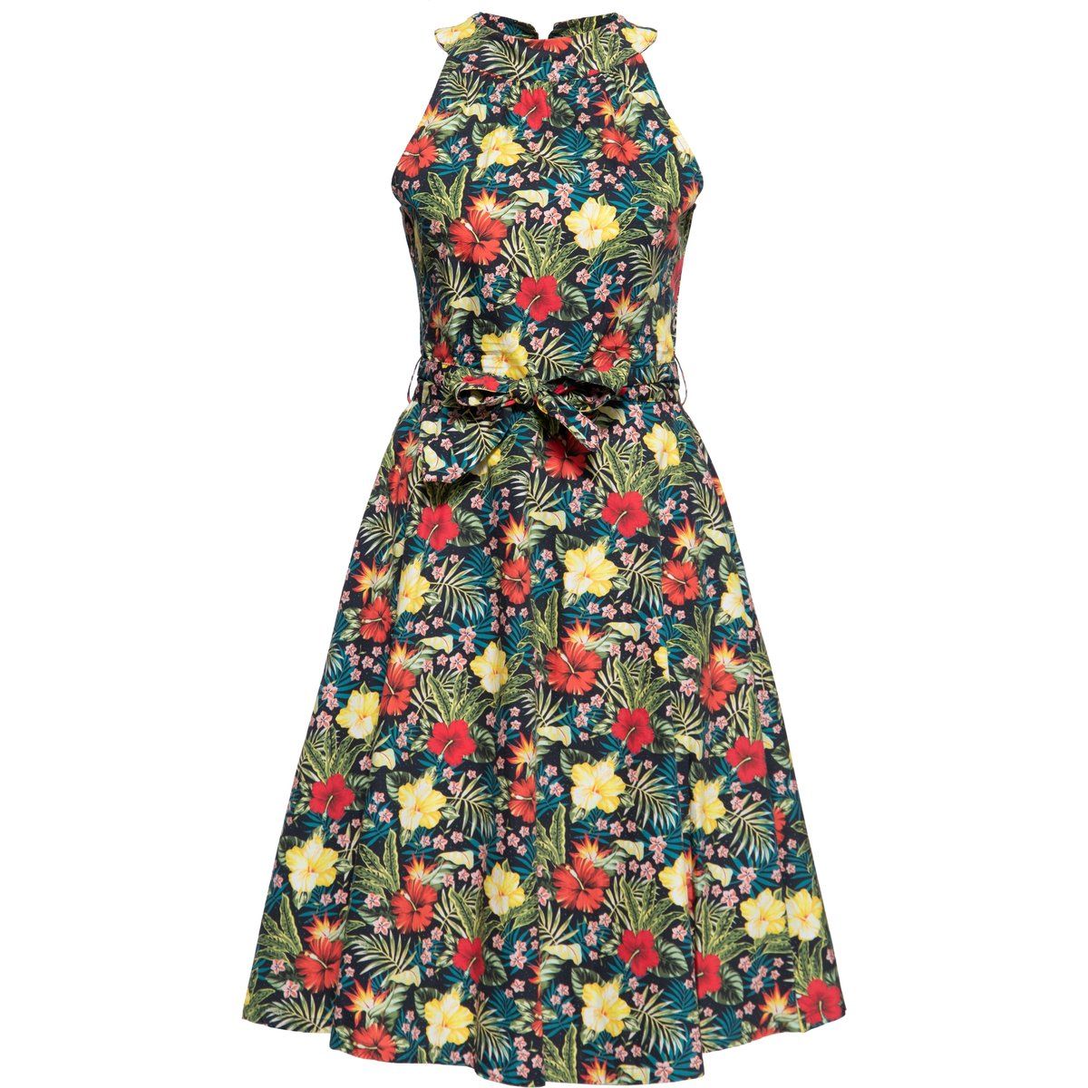 Geblümtes Swing-Midikleid mit Bindeband