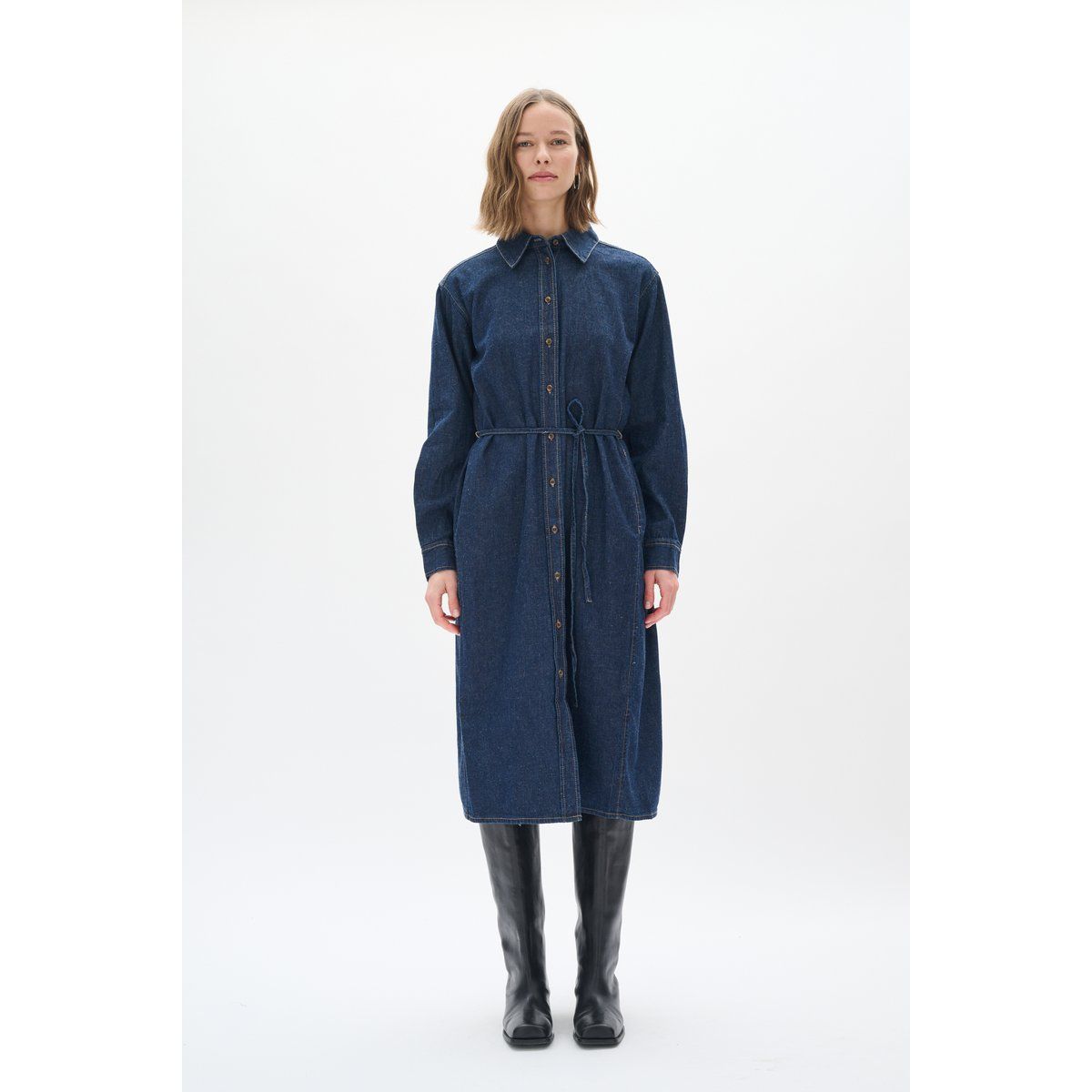 Denim-Midi-Hemdkleid mit Bindegürtel