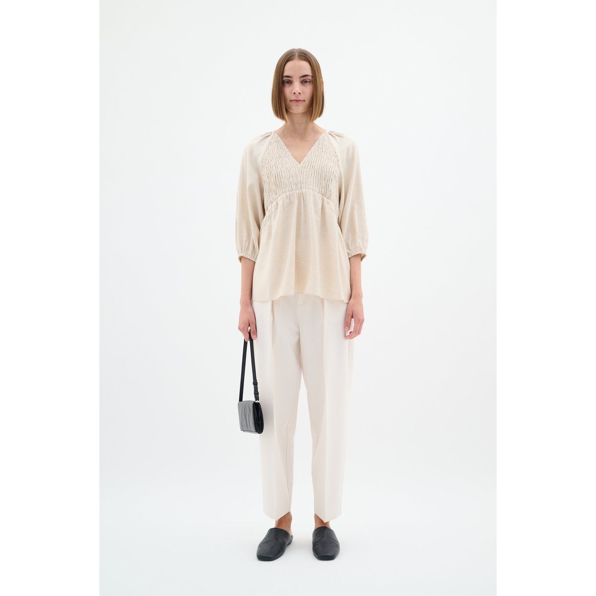 Texturierte Creme Bluse mit 3/4 Ärmeln