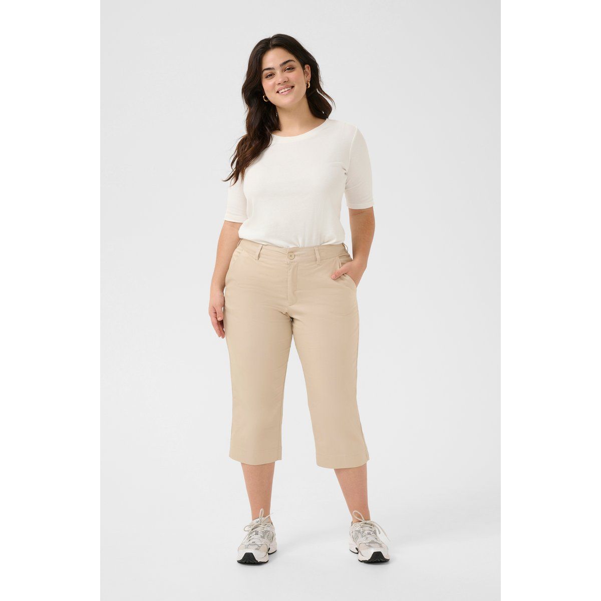 Beige Cropped Stoffhose, Regular Fit