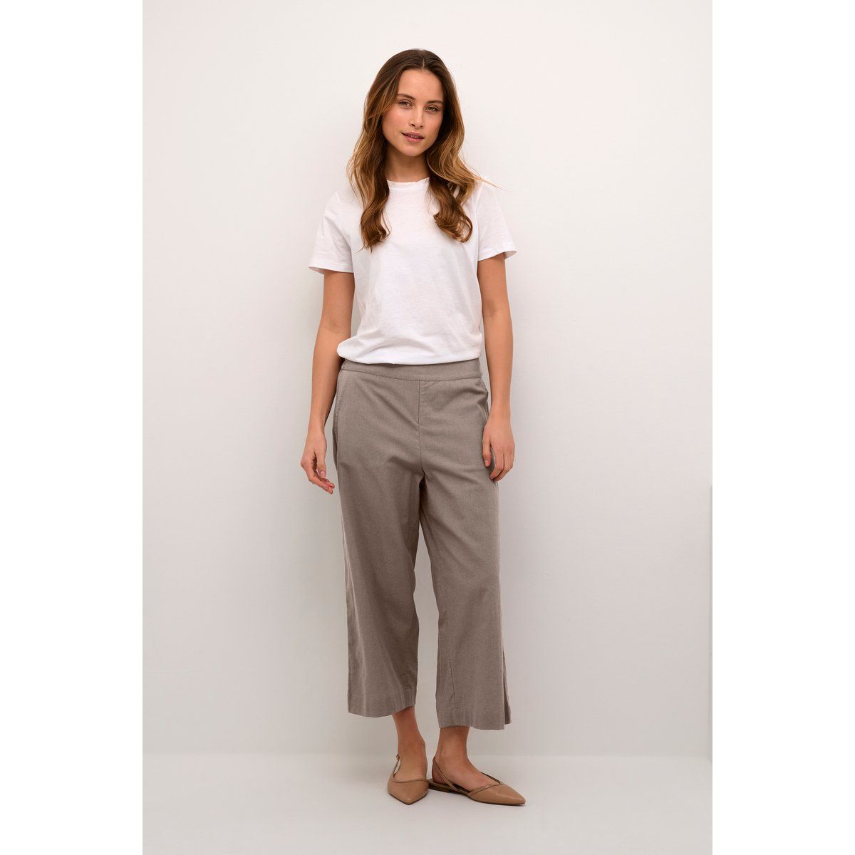 Cropped Hose mit weitem Bein aus Leinenmischung