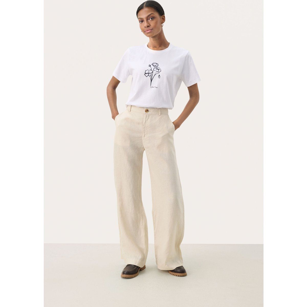 Klassische Beige Weite Leinenhose