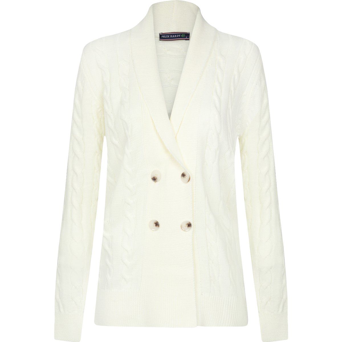 Doppelreihige Strickjacke mit Zopfmuster