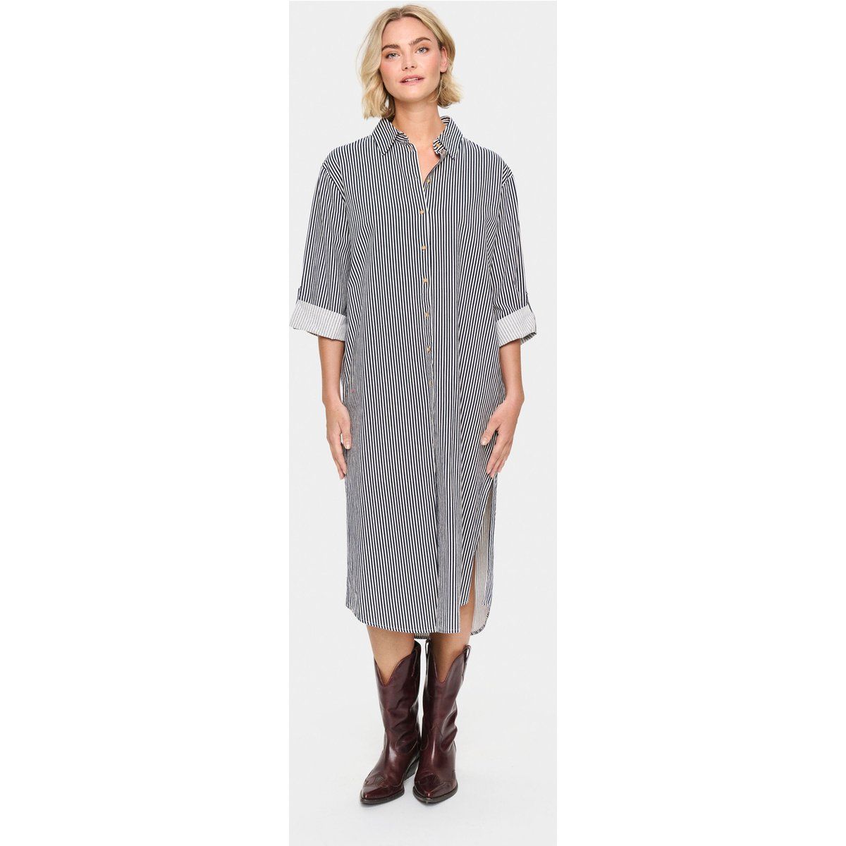 Gestreiftes Baumwoll-Hemdkleid Midi-Länge
