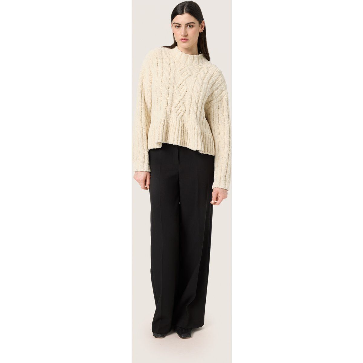 Cremefarbener Zopfmuster-Pullover mit Baggy-Passform