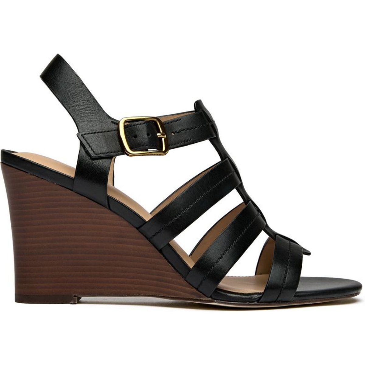Schwarze Leder-Sandalen mit Keilabsatz im Fischerstil
