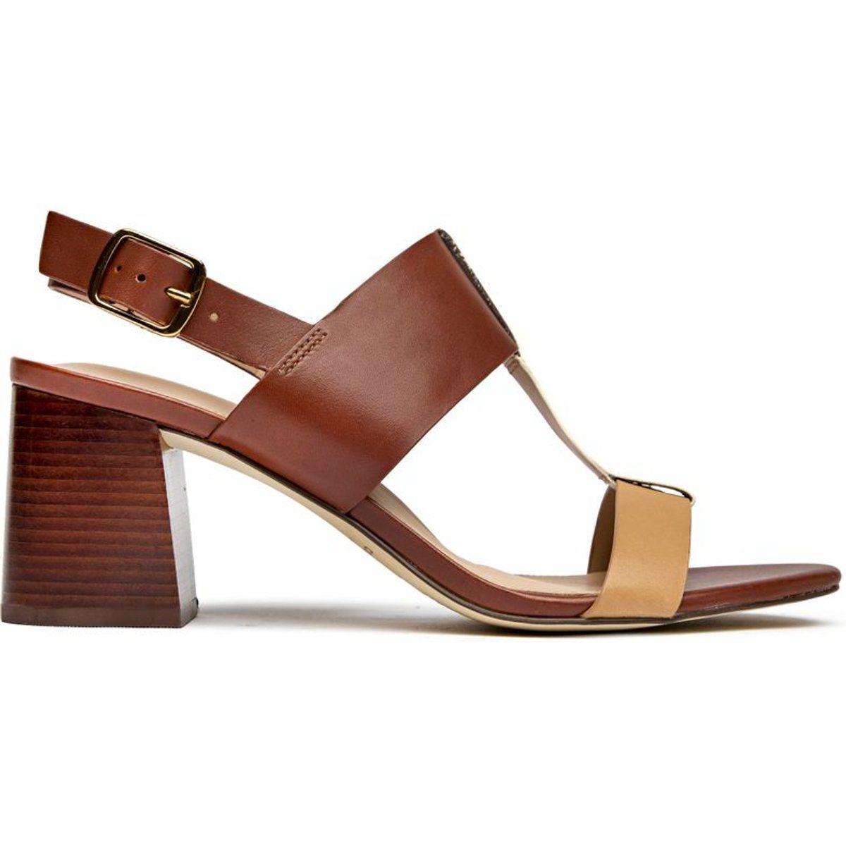 T-Strap Sandale aus Leder mit Blockabsatz