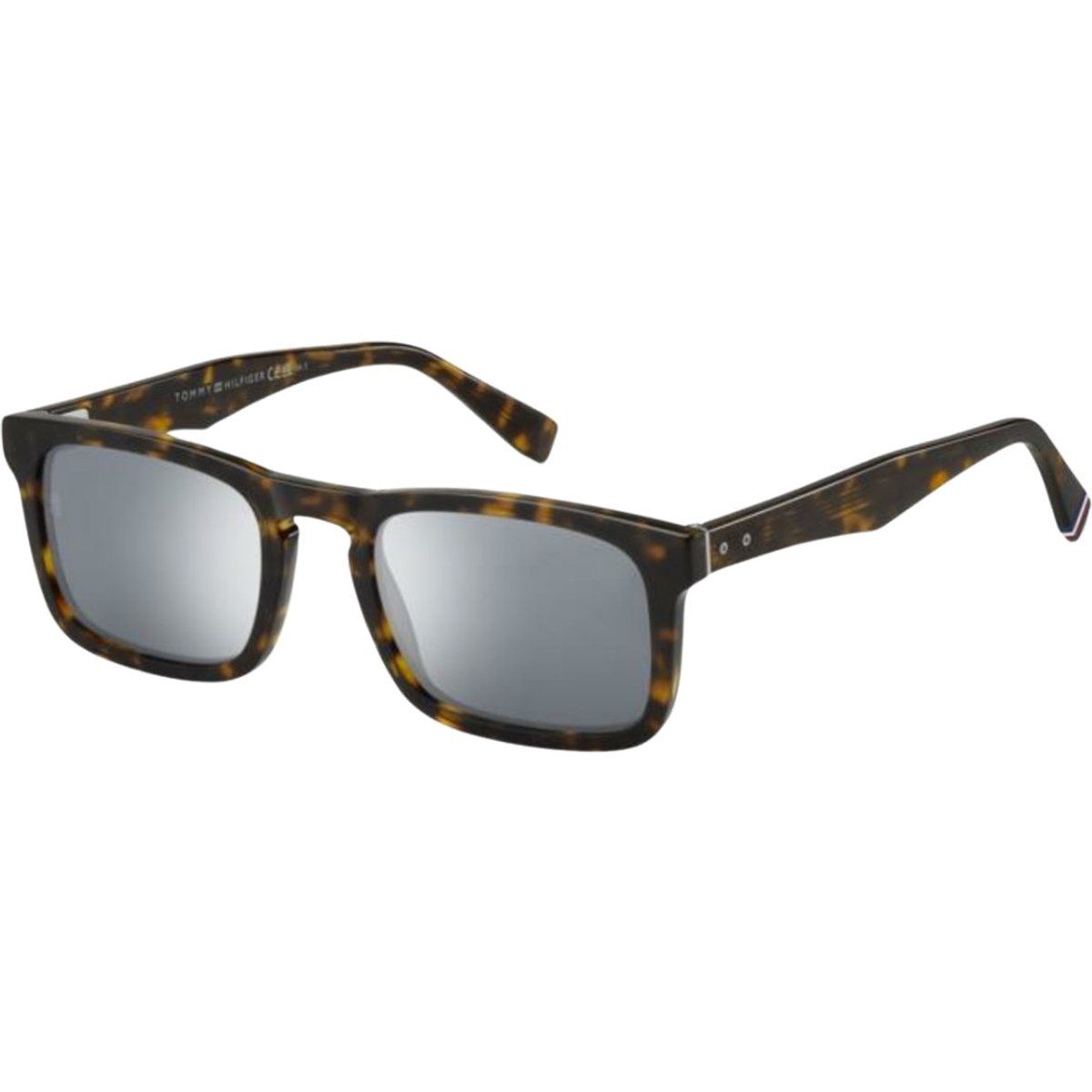 Rechteckige Havanna Sonnenbrille mit silberner Linse