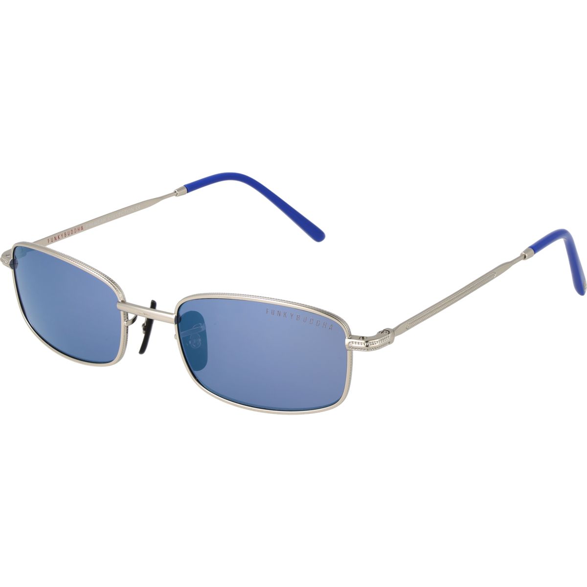 Sonnenbrille mit silbernem Rahmen und blauen Gläsern