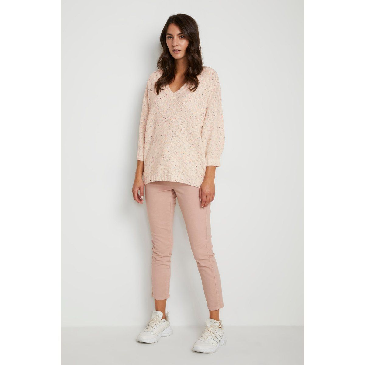 V-Ausschnitt Strickpullover mit Farbtupfern