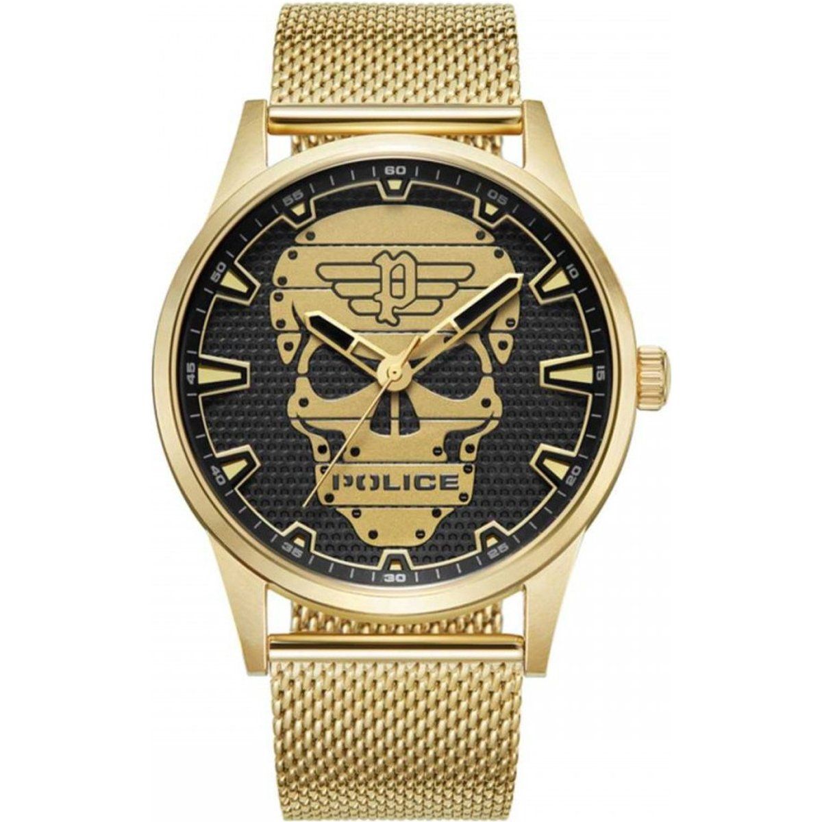 Goldfarbene Uhr mit Totenkopf-Zifferblatt
