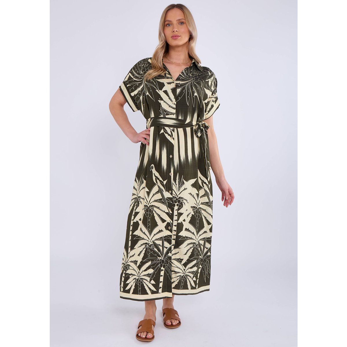 Tropical bedrucktes Midi-Hemdkleid mit Gürtel