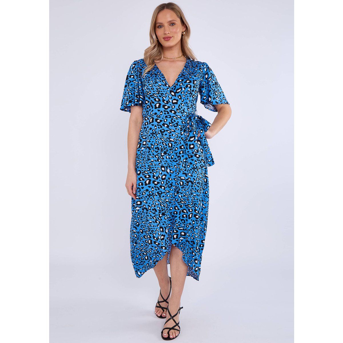 Blaues Wickel-Midikleid mit Animal-Print
