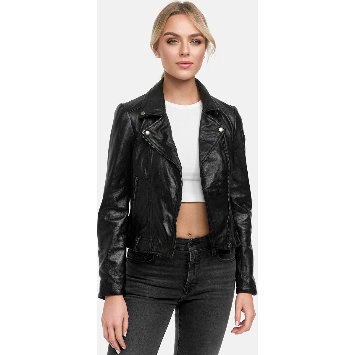 Schwarze Damen Lederjacke im Biker-Stil