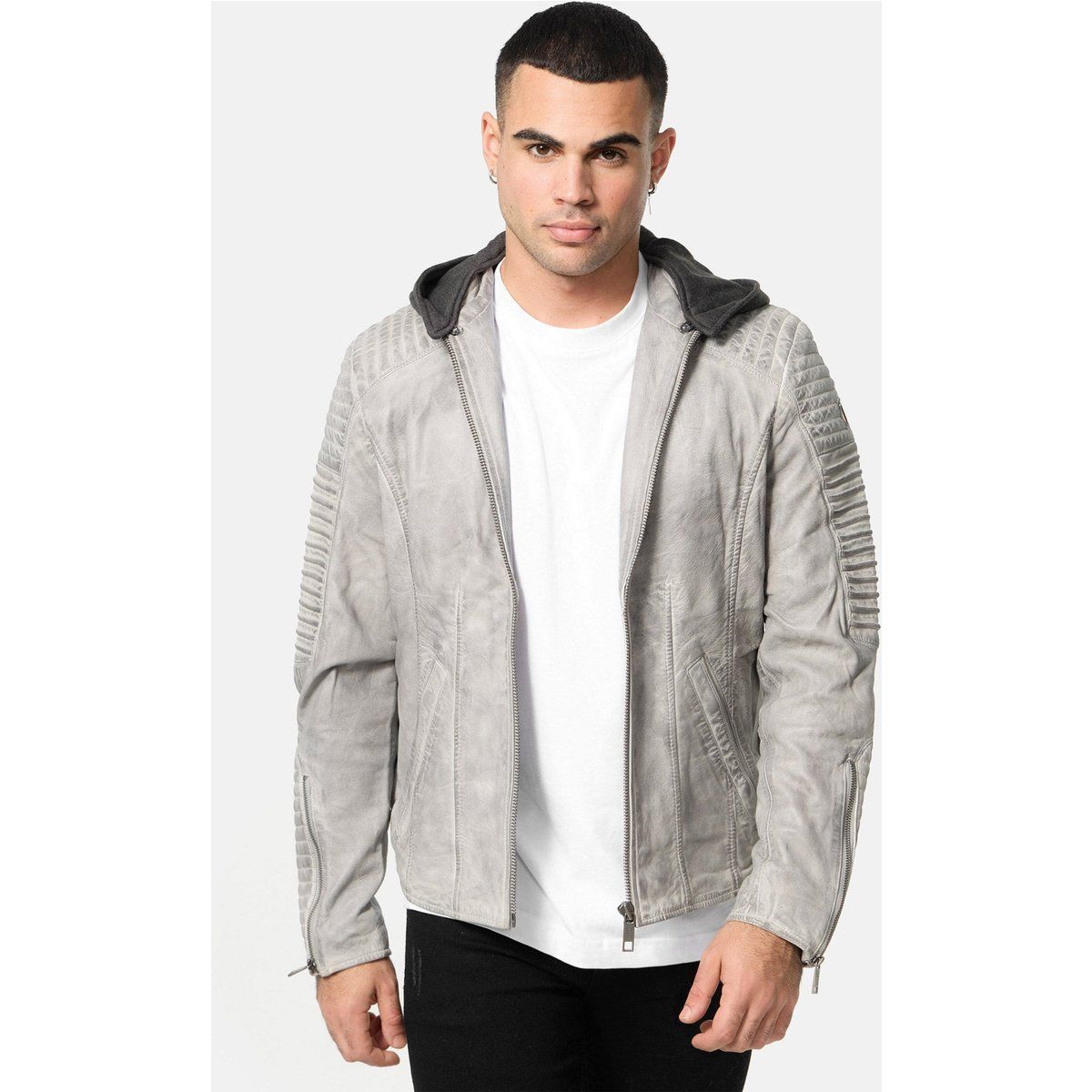 Herren Lederjacke mit Kapuze im Biker-Stil