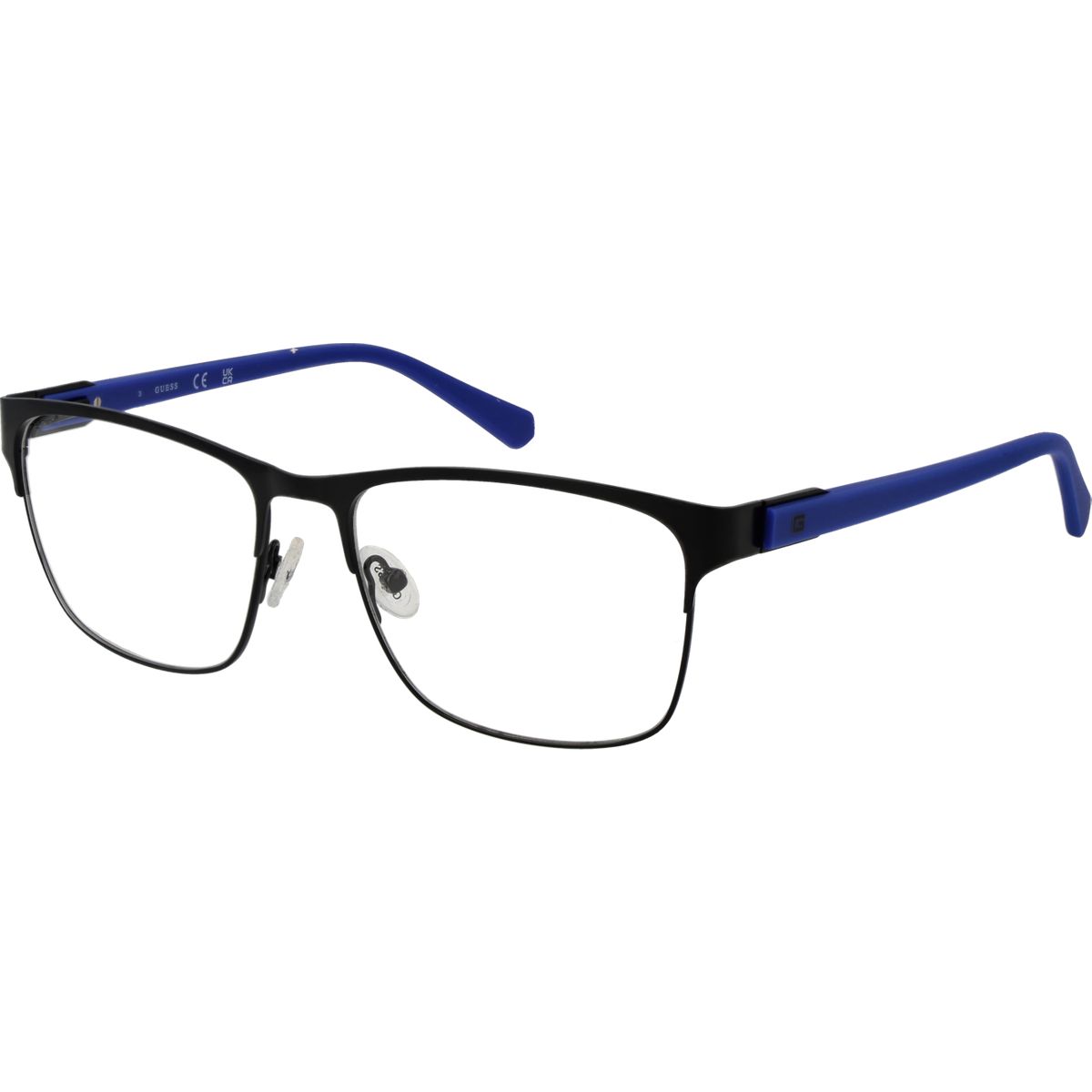 Rechteckige Metallbrille mit blauen Bügeln