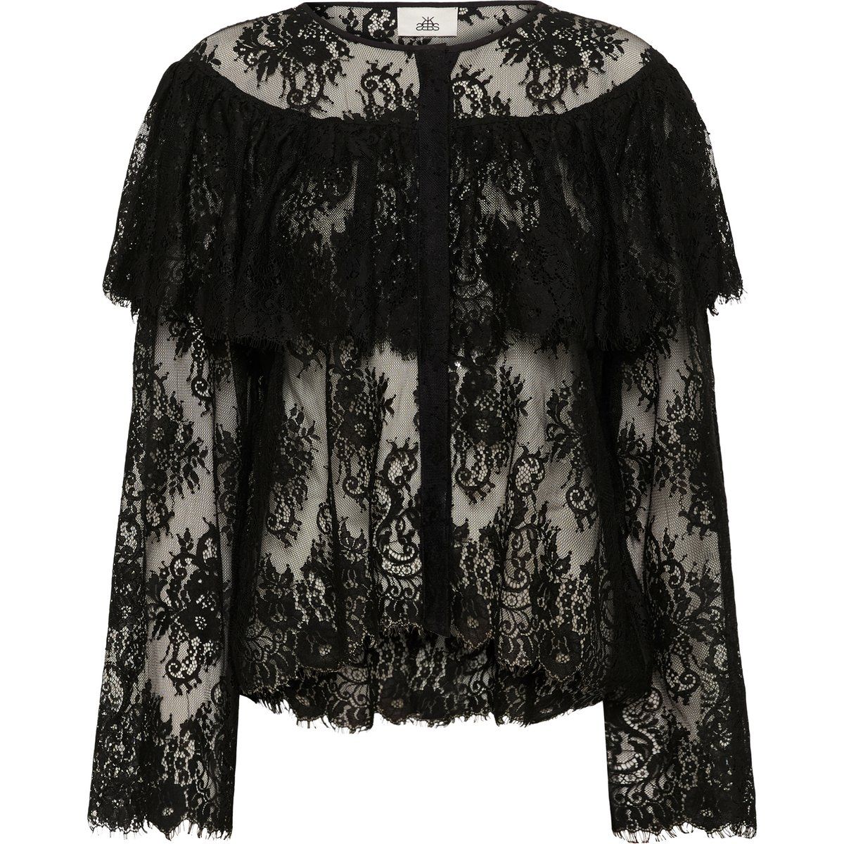 Schwarze Spitzenbluse mit Rüschendetail