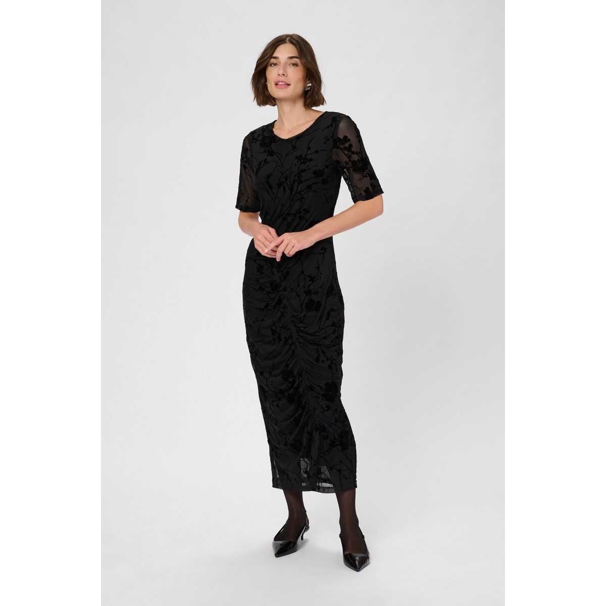 Figurbetontes, florales Samt-Midikleid mit Burnout-Muster