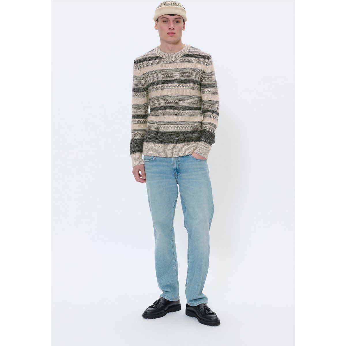 Gestreifter Baumwollmischung Rundhals Pullover